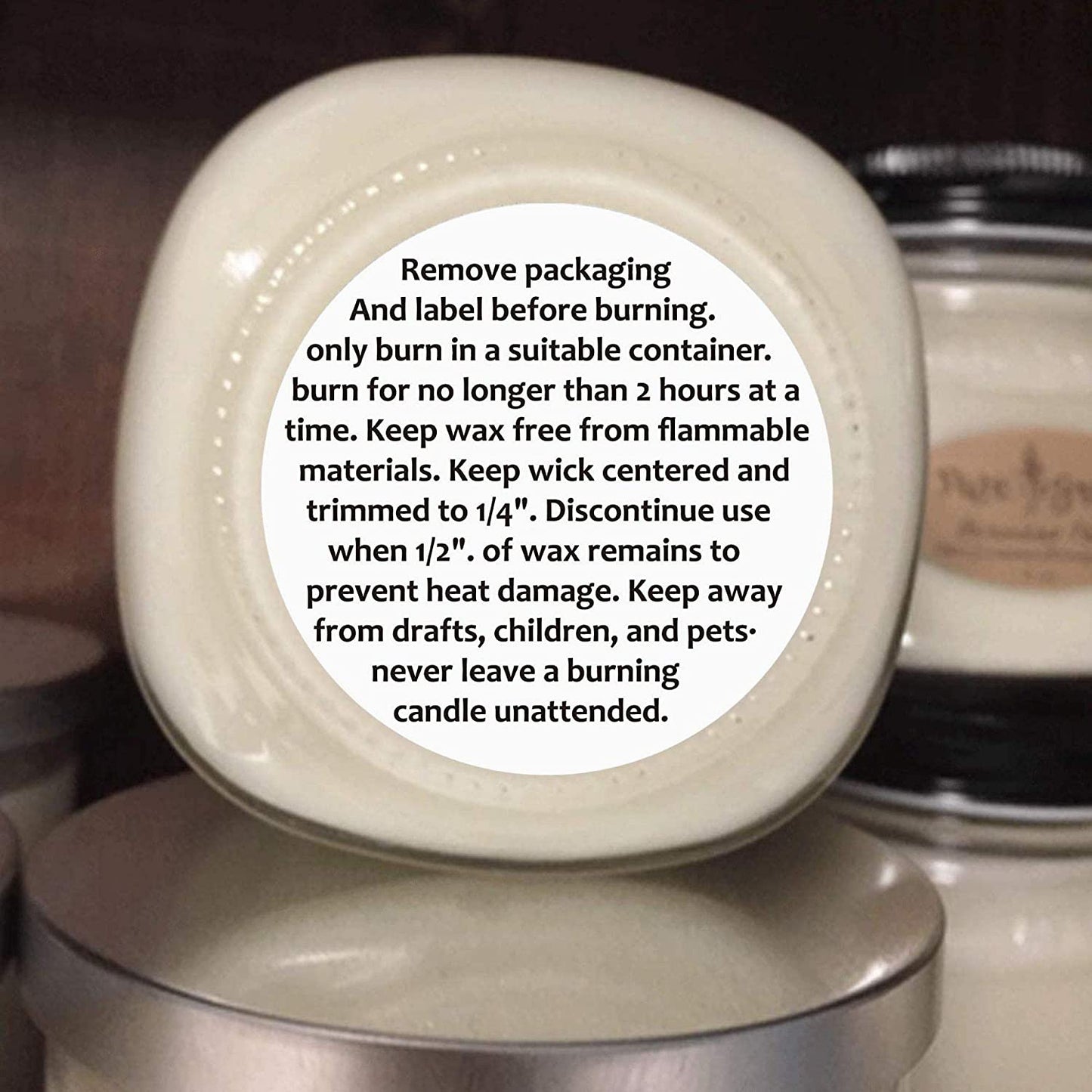 1.5" Candle Warning Stickers, 10 Labels, Black and White Text, Sticker Decal for Candle Jars, Tins and Votives