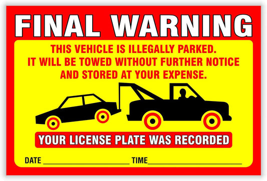 6"X9" 3Pcs Final Warning Stickers Parking Violation Notice Vehicle is Illegally Parked