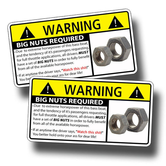 2PCs Bass Boat Big Nuts Warning Sticker Fish Fishing Boating Tacklebox Graphic Decal
