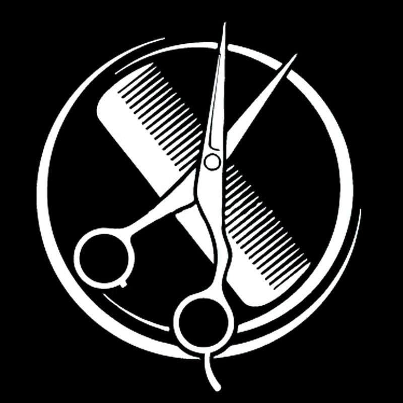 12.9CM*14.6CM  Comb Scissors Barbershop Beauty Salon Vinyl Black/Silver Car Sticker C22-0056