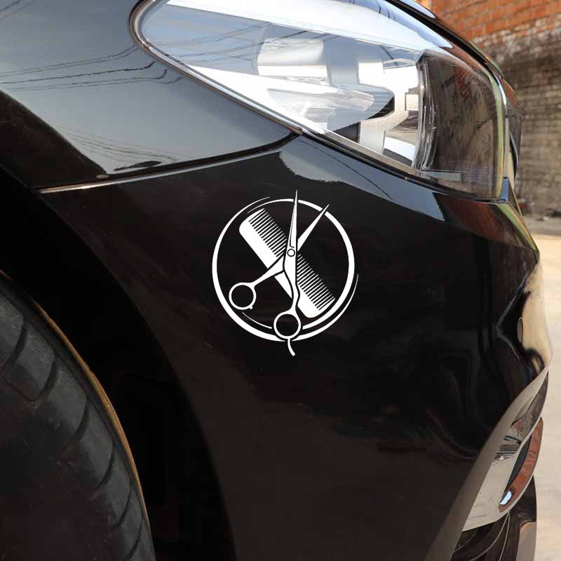 12.9CM*14.6CM  Comb Scissors Barbershop Beauty Salon Vinyl Black/Silver Car Sticker C22-0056