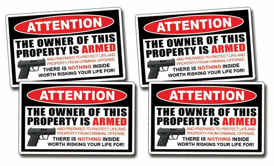 4 Mini Owner Armed Warning Decal Sticker Gun Control Handgun 2nd Amendment 2A