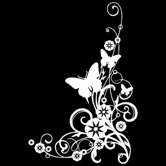 13CM*19.3CM Car Stickers Butterflies And Flowers Swirly Bottom Right Corner Elegant Vinyl Decal Black/Silver C24-0364