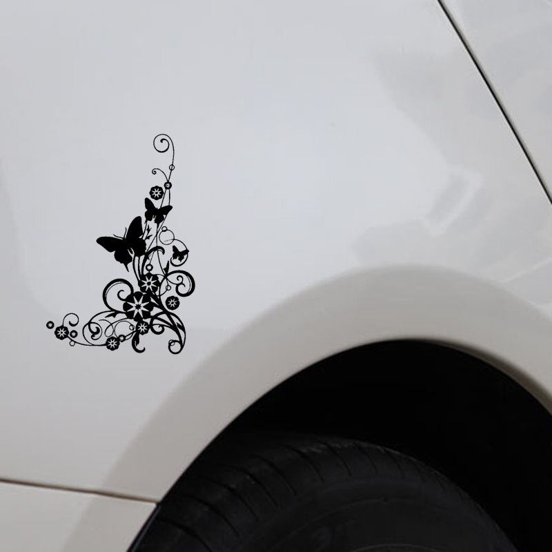 13CM*19.3CM Car Stickers Butterflies And Flowers Swirly Bottom Right Corner Elegant Vinyl Decal Black/Silver C24-0364