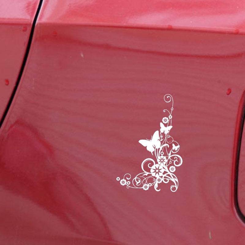 13CM*19.3CM Car Stickers Butterflies And Flowers Swirly Bottom Right Corner Elegant Vinyl Decal Black/Silver C24-0364