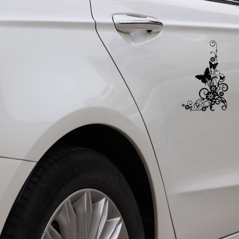 13CM*19.3CM Car Stickers Butterflies And Flowers Swirly Bottom Right Corner Elegant Vinyl Decal Black/Silver C24-0364