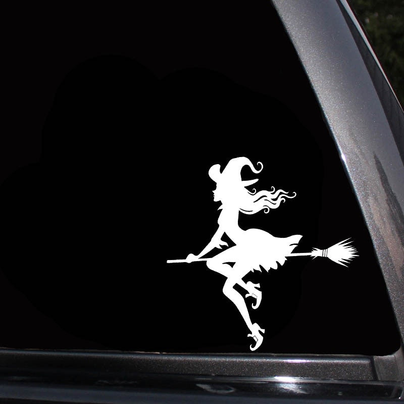 13*13CM Evil Witch Flying In The Sky Girl Car Sticker New Design Fashion Cool Style Black/Silver Vinyl Decal C20-0975