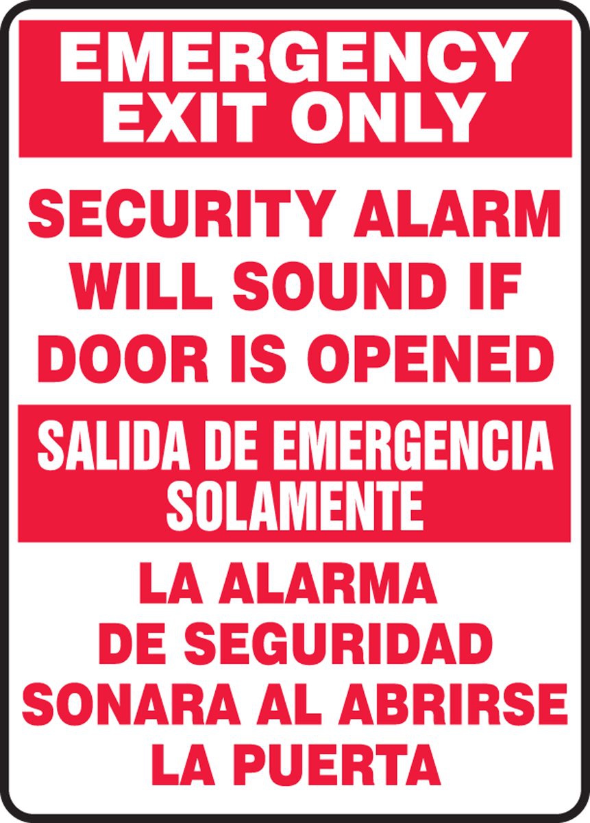 14"x10" Spanish Bilingual Sign Sticker, Legend "EMERGENCY EXIT ONLY SECURITY ALARM WILL SOUND IF DOOR IS OPENED/SALIDA DE EMERGENCIA SOLAMENTE LA ALARMA DE SEGURIDAD SONARA AL ABRIRSE LA PUERTA",  Red on White