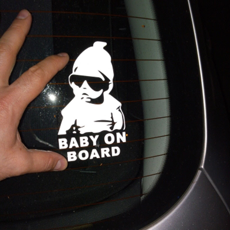 14*9CM BABY ON BOARD Cool Rear  Sunglasses Child Car Stickers Warning Decals Black/Silver CT-465