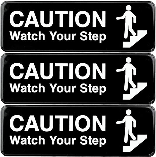 9"x3" Caution Watch Your Step Sign Sticker: for Business Restaurants Offices Indoor Outdoor, Pack of 3 (Black)