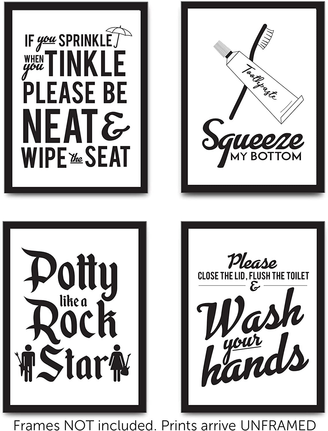 Set of 4 Funny Bathroom Quotes & Rules (Unframed) Best Modern Toilet Decor (8"x10") Black & White Prints