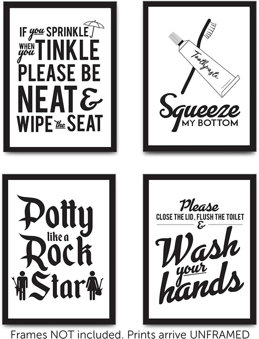 Set of 4 Funny Bathroom Quotes & Rules (Unframed) Best Modern Toilet Decor (8"x10") Black & White Prints