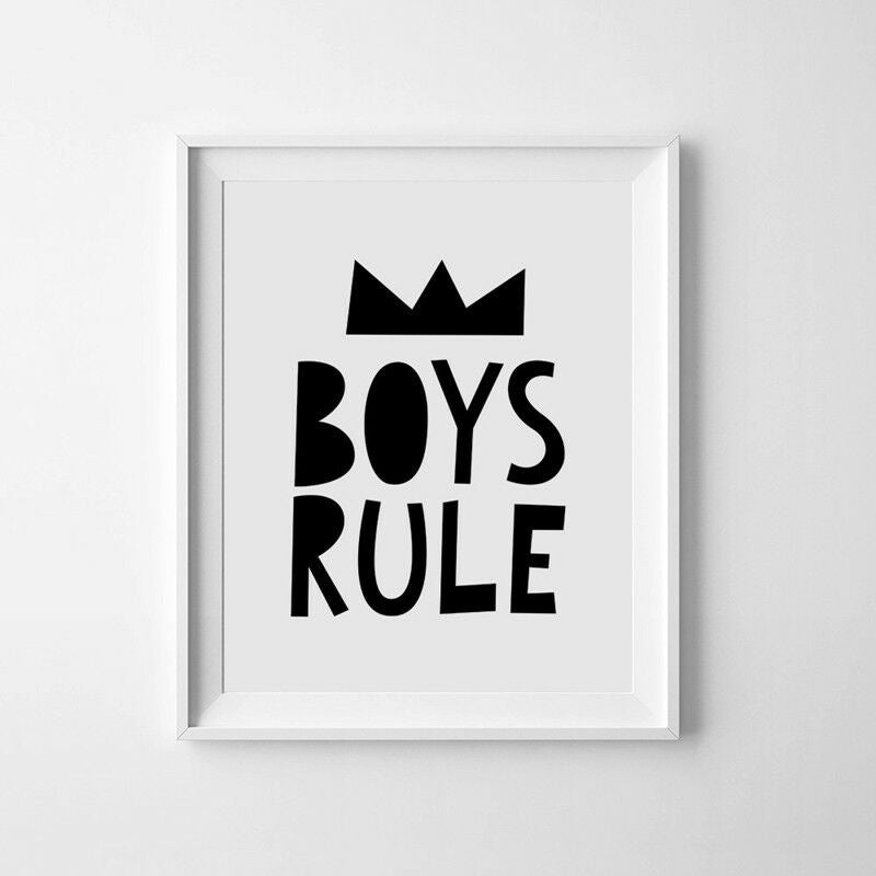 Boys Rule Quote Canvas Art Print Black and White Poster Boys Room Wall Decor