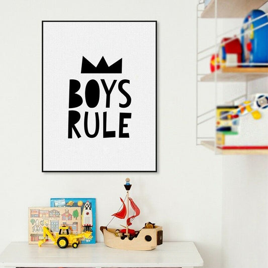 Boys Rule Quote Canvas Art Print Black and White Poster Boys Room Wall Decor