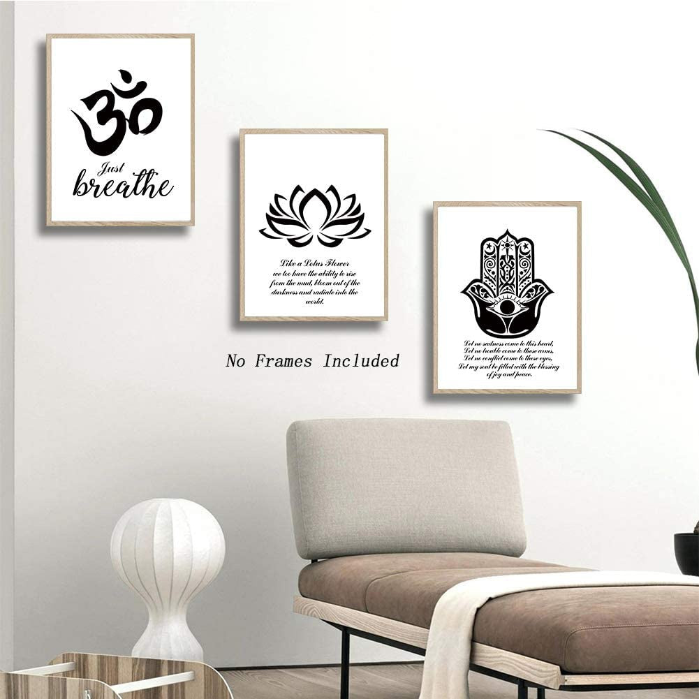 No Frame Yoga Art Print Set of 3 Lotus Flower Prints, Om Symbol Prints, Inspirational Zen Wall Art, Black and White Art Mehndi Yoga Artwork