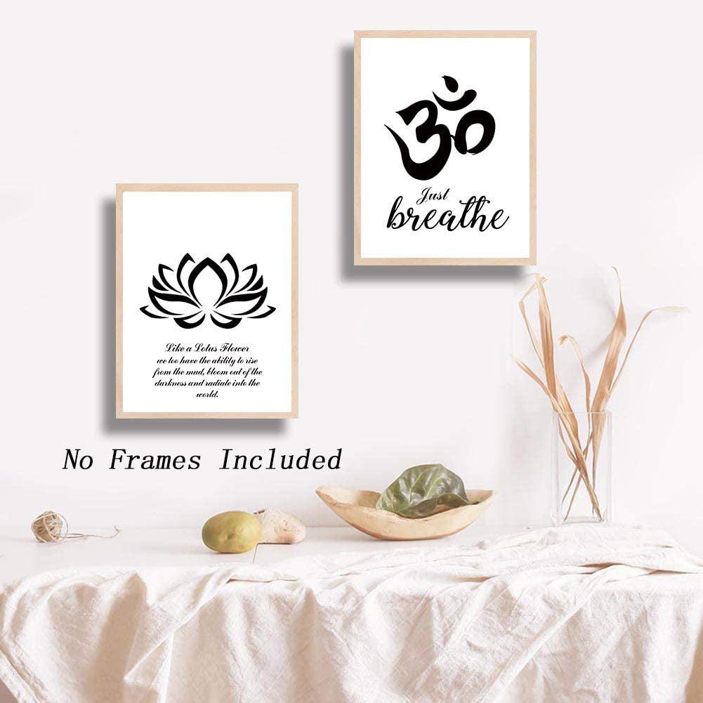No Frame Yoga Art Print Set of 3 Lotus Flower Prints, Om Symbol Prints, Inspirational Zen Wall Art, Black and White Art Mehndi Yoga Artwork