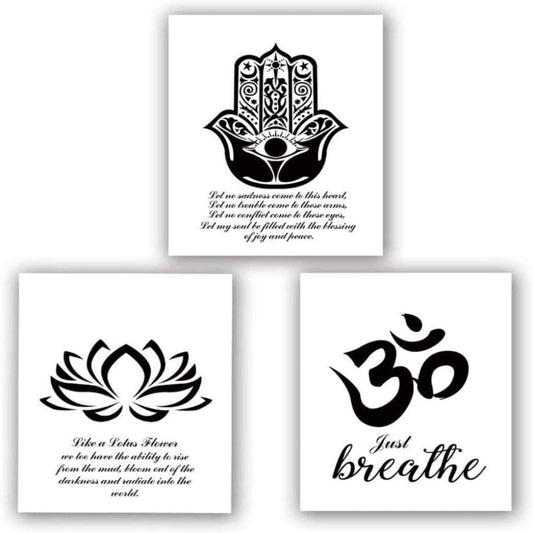 No Frame Yoga Art Print Set of 3 Lotus Flower Prints, Om Symbol Prints, Inspirational Zen Wall Art, Black and White Art Mehndi Yoga Artwork