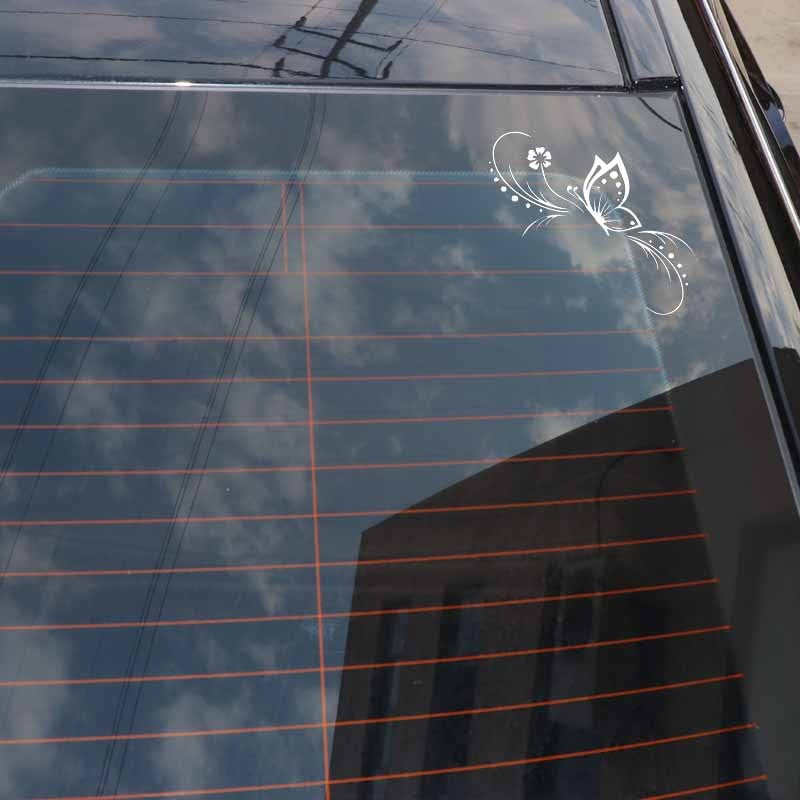 13.6CM*11.9CM Butterfly Flower Car Sticker Decoration Floral Art Vinyl Decal Black/Silver C24-0249