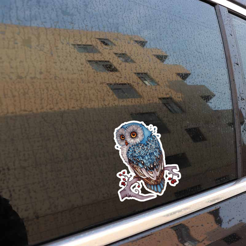 12.4CM*15.6CM Interestingly Hand-painted Blue Owl PVC Car Sticker