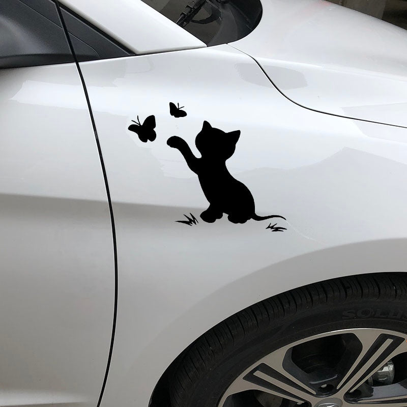 16.8cm*12.9cm Cat Butterfly Fashion Decor Car Sticker Vinyl Decal Black/Silver S3-6153