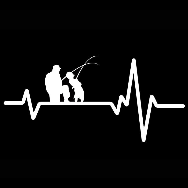 16.7CM*8CM Fishing Father Dad Son Fish Rod Reel Heartbeat Vinyl Black/Silver Car Sticker C22-1203