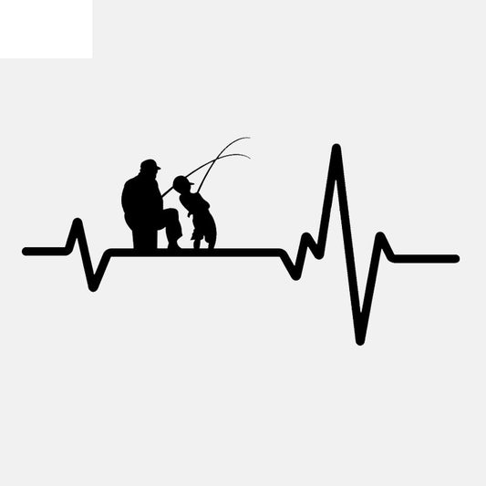 16.7CM*8CM Fishing Father Dad Son Fish Rod Reel Heartbeat Vinyl Black/Silver Car Sticker C22-1203