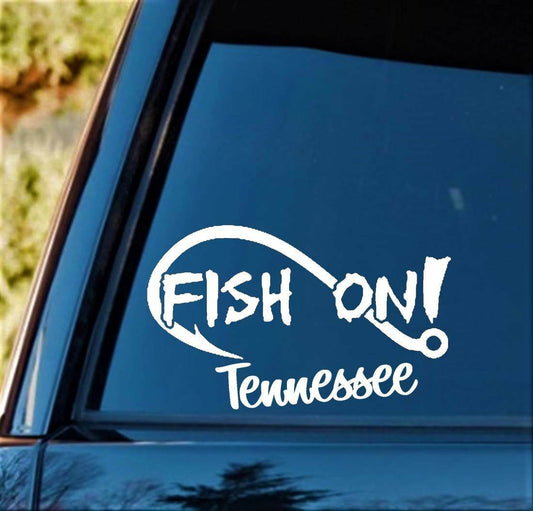 7.5"x4.5" Fish On Tennessee Bass Fishing Decal Sticker Boat Trailer Rod Reel Lure