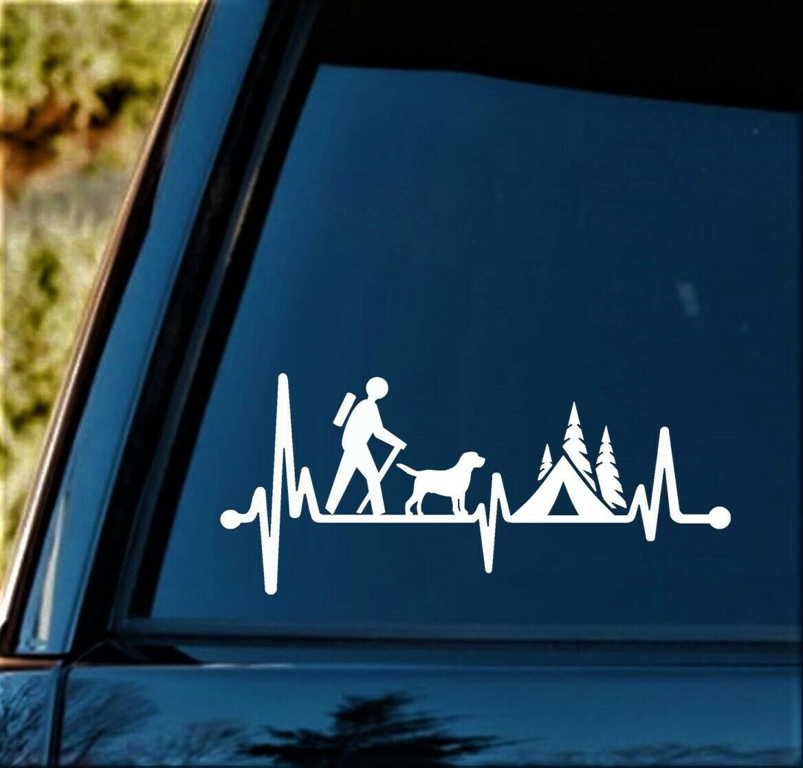 8.0"x3.50" Guy Hiker Camper with Dog Camping Tent Heartbeat Lifeline Decal Sticker