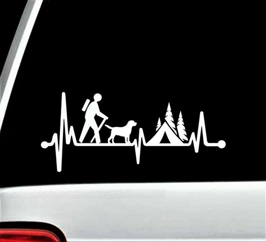 8.0"x3.50" Guy Hiker Camper with Dog Camping Tent Heartbeat Lifeline Decal Sticker