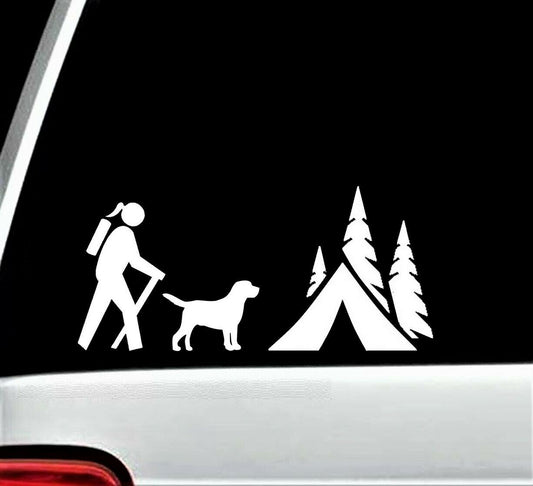 7.50"x3.50" Hiker Camper Girl with Dog Camping Tent Decal Sticker for Car Window