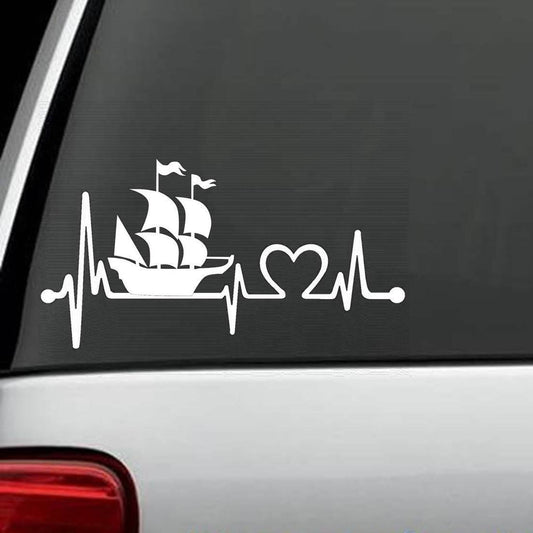 7.5" X 4" Pirate Ship Heartbeat Lifeline Decal Sticker Jolly Roger skull Crossbones