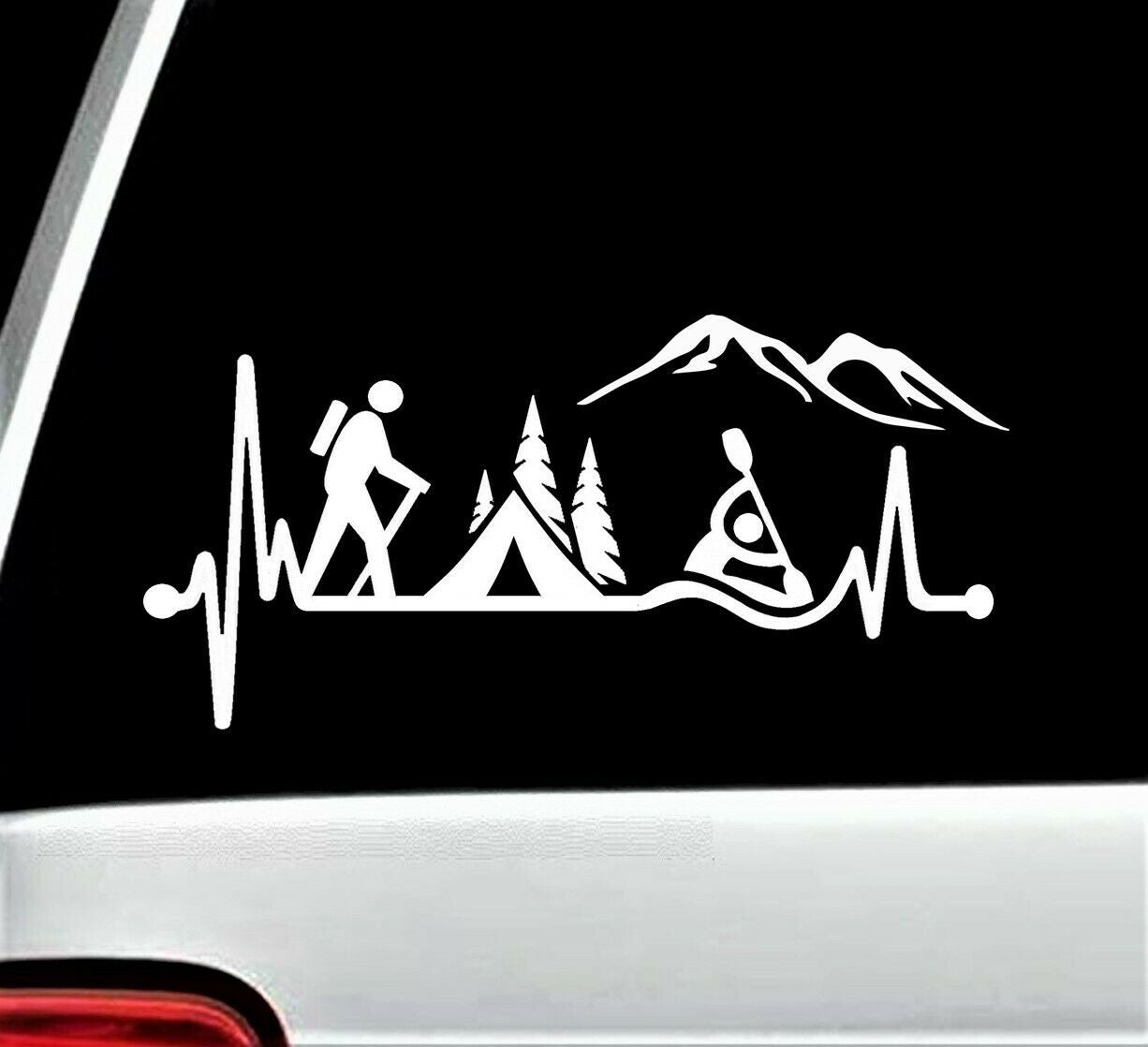 8.0" x 3.75" Hiker Guy Camping Tent Kayak Heartbeat Decal Sticker for Car Window