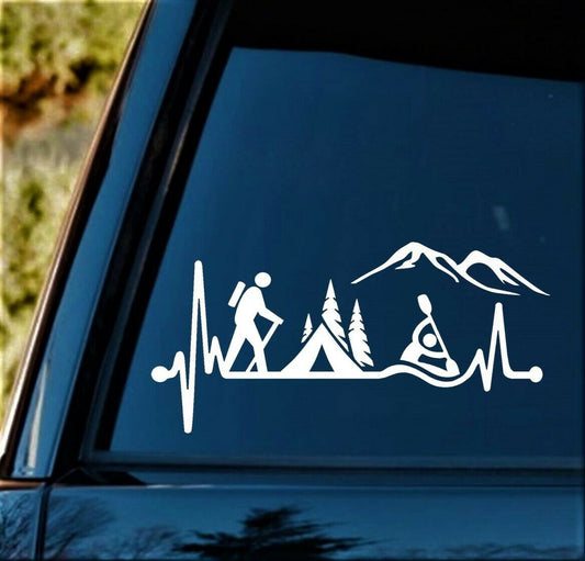 8.0" x 3.75" Hiker Guy Camping Tent Kayak Heartbeat Decal Sticker for Car Window