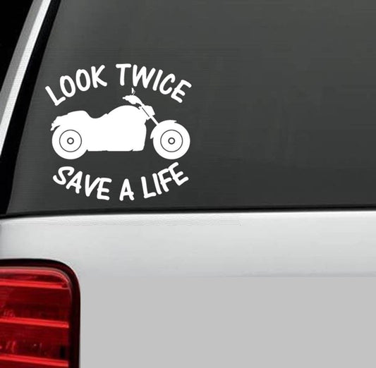 5.3" wide x 5" tall LOOK TWICE MOTORCYCLES Decal Sticker Car Truck SUV Van BIKER HELMET ART