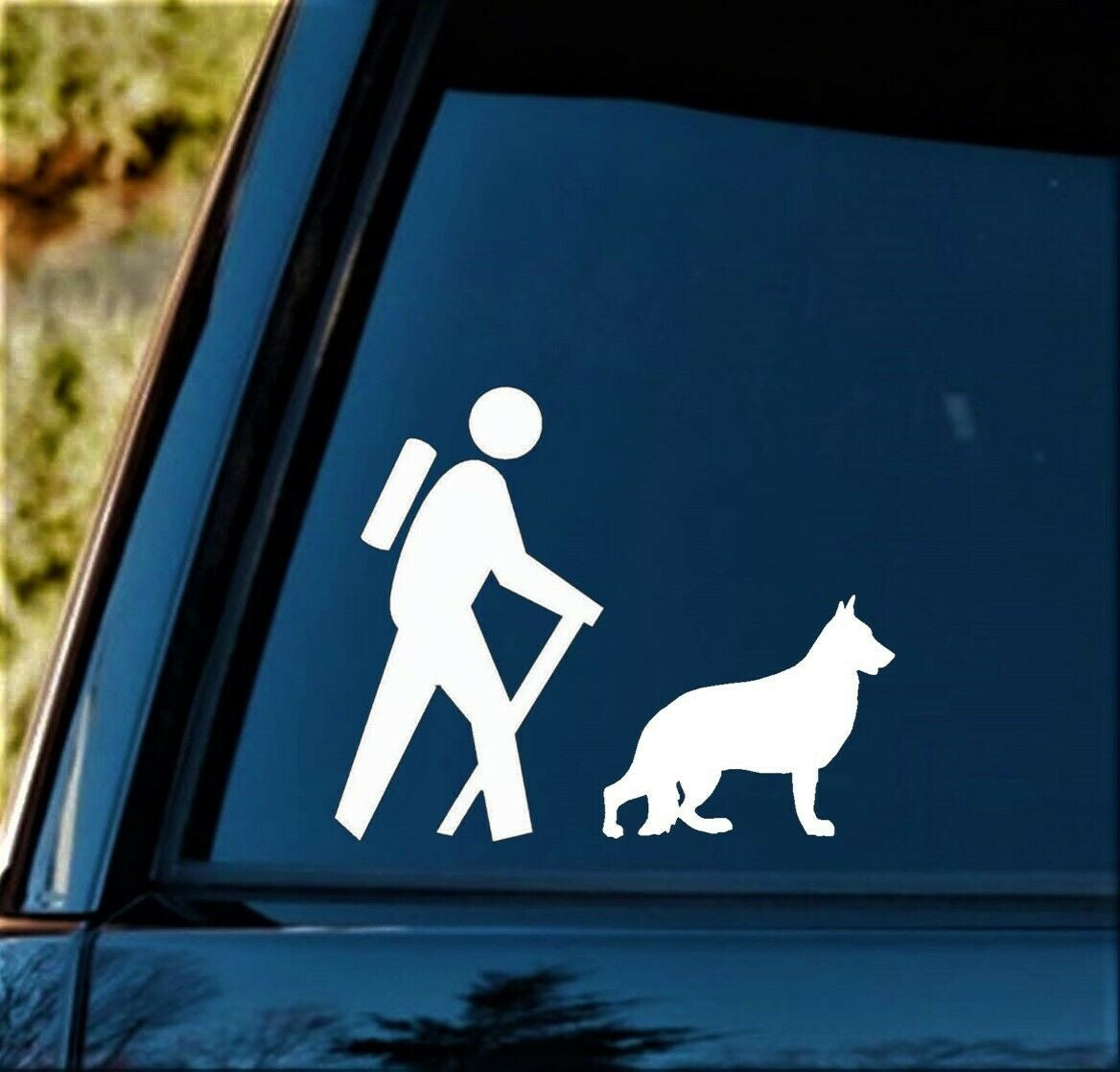 6.0" x 5.0" Hiker Guy Hiking with German Shepherd Decal Sticker for Car Window