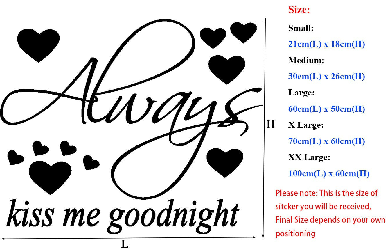 Hot 'Always Kiss Me Goodnight' Bedroom Wall ART Quotes Vinyl Sticker, DIY Wall Decal
