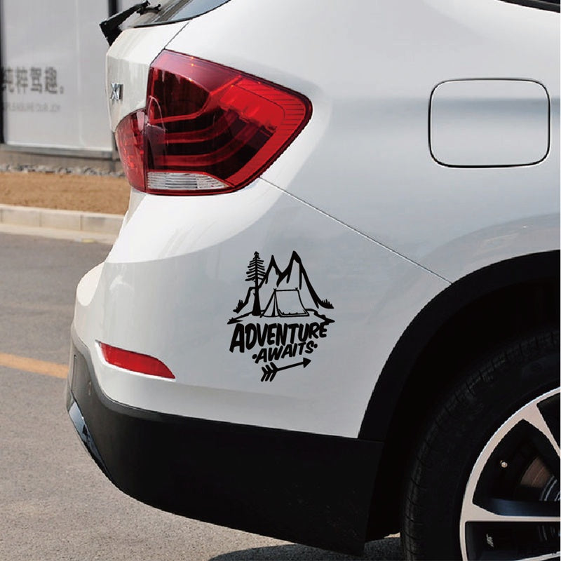 15CM*13CM Adventure Awaits Vinyl Car Sticker Pine Tree Travel Mountains Car Decal 6 Colors
