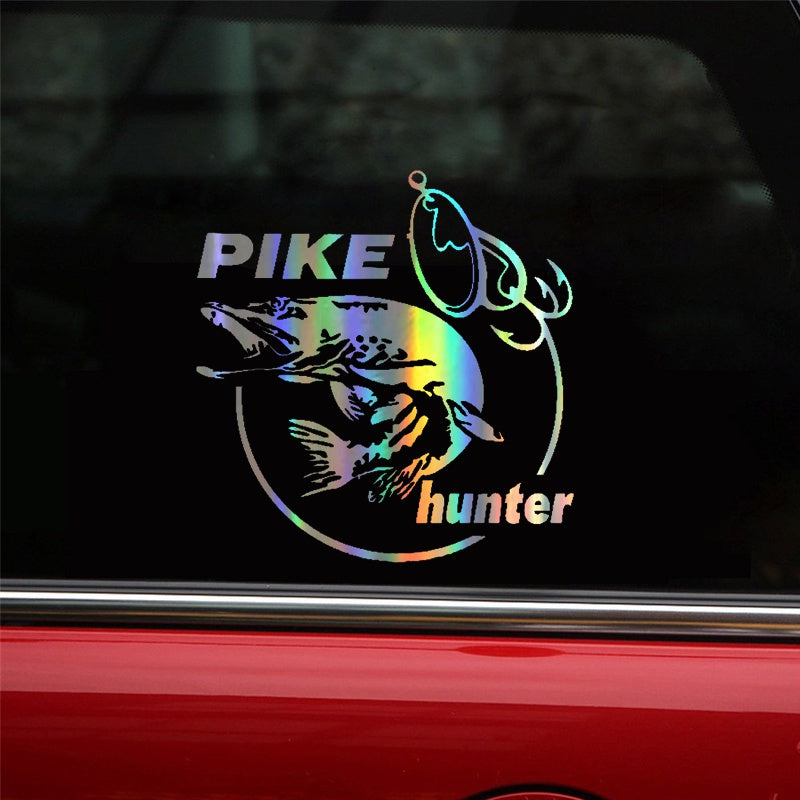 Car Sticker Vinyl 13.3*14cm Pike Hunter Fish Animal Funny Sticker Decal  Laser Motorcycle Car Styling 3D Stickers WDY017