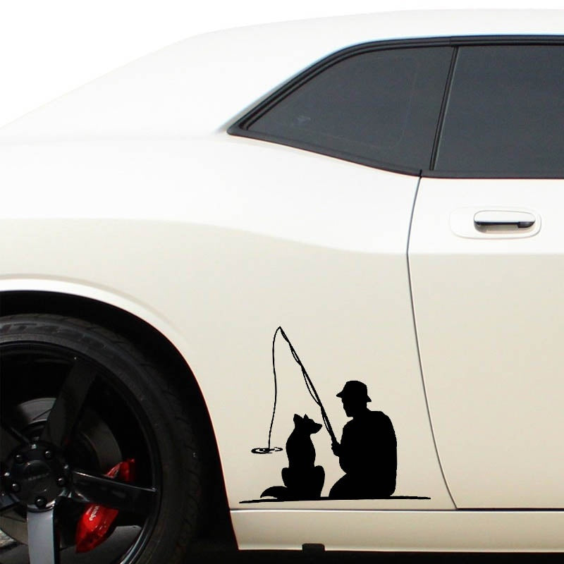 14cm*12.9cm Fisherman with Dog Pet FISHING Fun Vinyl High-quality Decor Decals Car Sticker