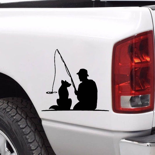 14cm*12.9cm Fisherman with Dog Pet FISHING Fun Vinyl High-quality Decor Decals Car Sticker