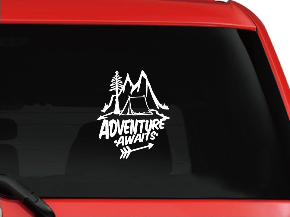 15CM*13CM Adventure Awaits Vinyl Car Sticker Pine Tree Travel Mountains Car Decal 6 Colors