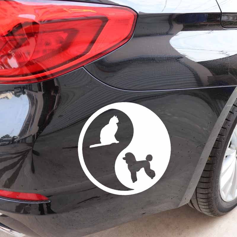 15.4X15.3CM Vinyl Decal Poodle Cat Dog Pet Animals Yin Yan Symbol Car Stickers Black/Silver C24-1264