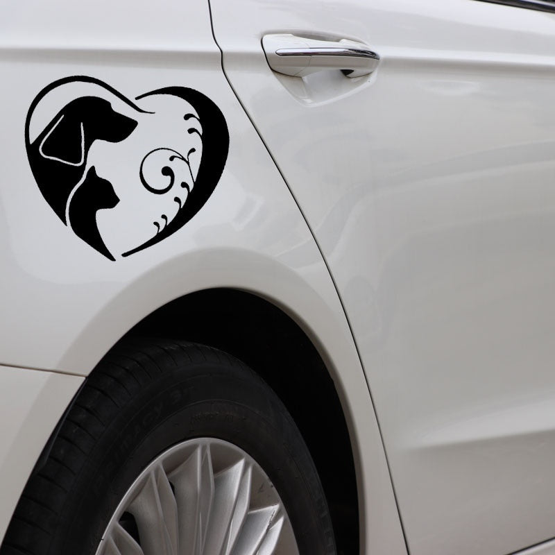 14.6X12.9CM Dog And Cat In Fancy Heart Car Sticker Vinyl Car Window Decal Black/Silver C24-1581