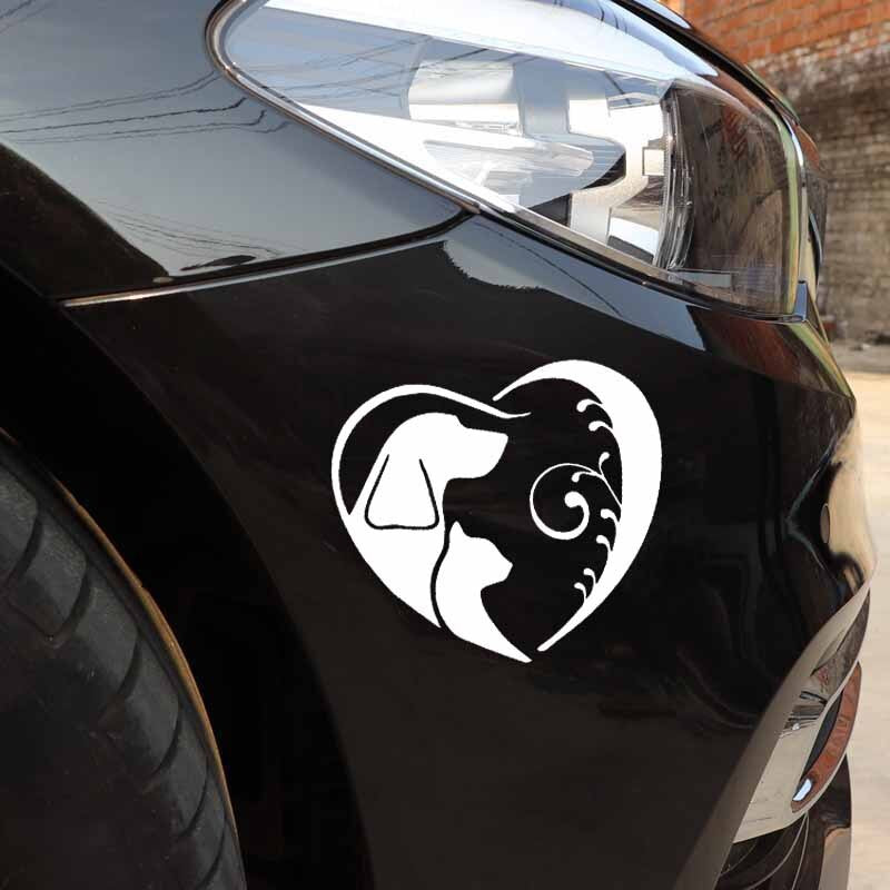 14.6X12.9CM Dog And Cat In Fancy Heart Car Sticker Vinyl Car Window Decal Black/Silver C24-1581
