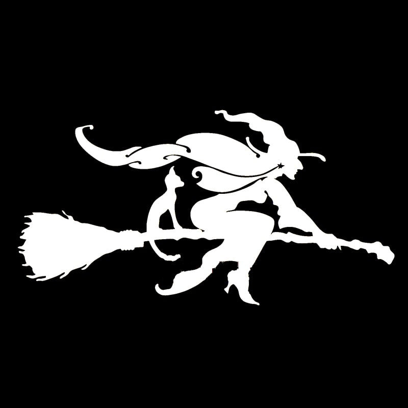 15.5cm*7.9cm Witch And Cat On Broomstick Interesting Vinyl Car-styling Car Sticker Decals Decor Black/Silver S6-3914