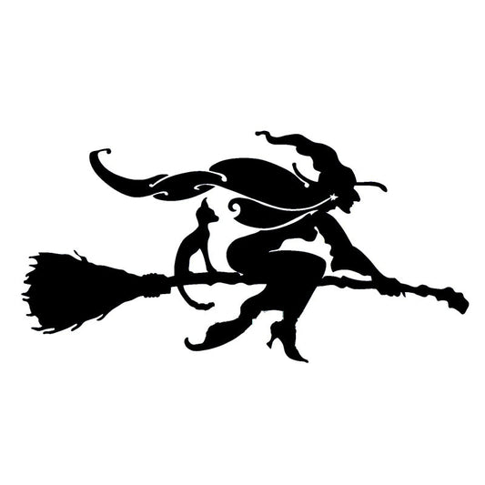 15.5cm*7.9cm Witch And Cat On Broomstick Interesting Vinyl Car-styling Car Sticker Decals Decor Black/Silver S6-3914