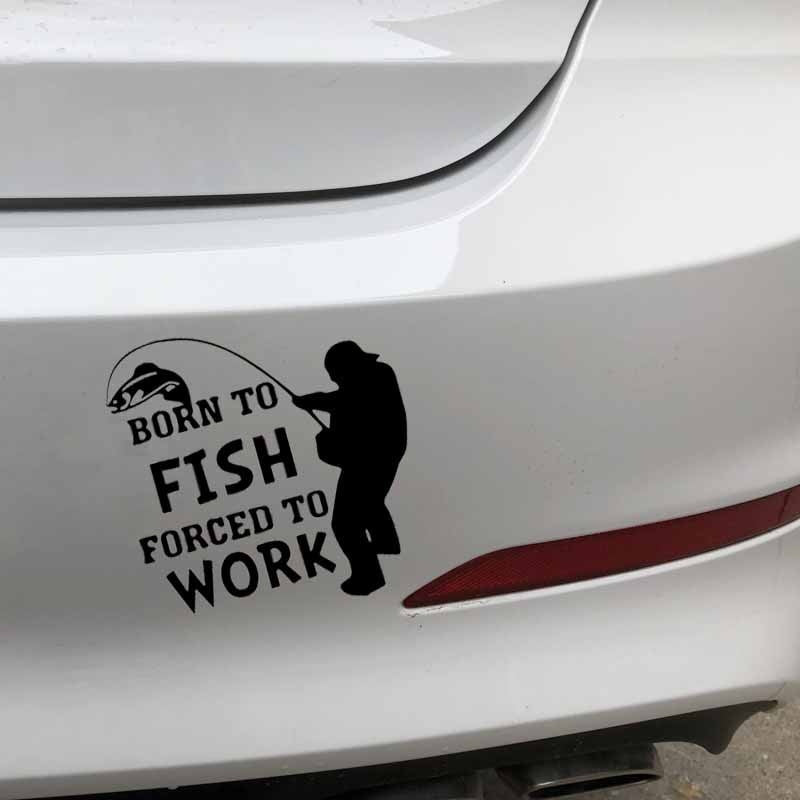15.5CM*15.5CM Car Sticker Born To Fish Forced To Work Fishing  Art Vinyl Decal Black/Silver C24-0947