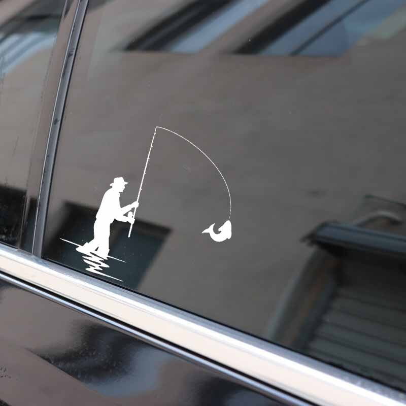 15.5CM*15.5CM Vinyl Decal Fishing Rod Fisherman Silhouette Fish Car Stickers Black/Silver C24-0822