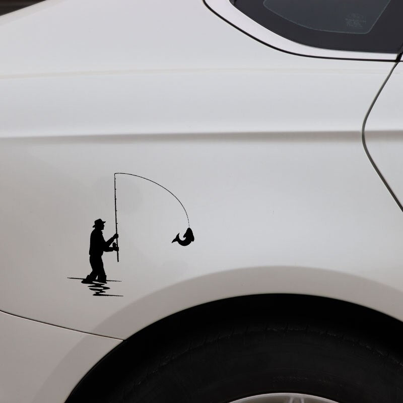 15.5CM*15.5CM Vinyl Decal Fishing Rod Fisherman Silhouette Fish Car Stickers Black/Silver C24-0822
