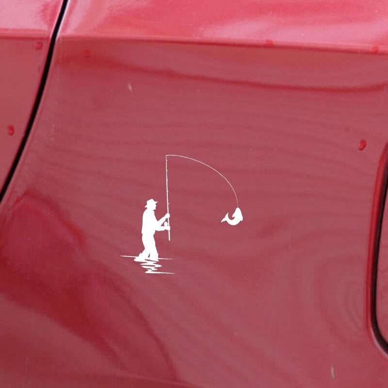 15.5CM*15.5CM Vinyl Decal Fishing Rod Fisherman Silhouette Fish Car Stickers Black/Silver C24-0822